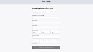 A screenshot of the sign up form on Hulu to verify student credentials 