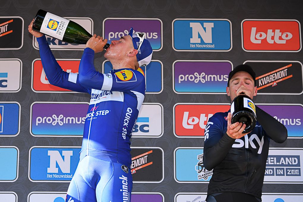 Fabio Jakobsen (Deceuninck-QuickStep) and Christopher Lawless (Team Sky) on the Scheldeprijs podium