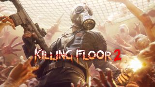 Poster for Killing Floor 2 showing a person wearing a gas mask, surrounded by zombies