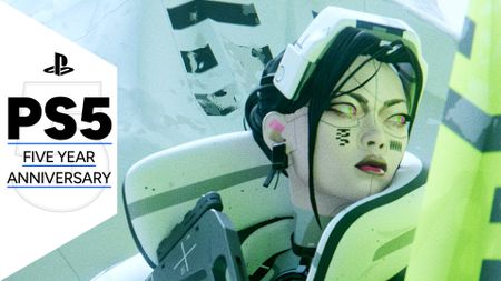 Key art for Marathon showing a colorful cybernetic character with a gun taking cover, with a GamesRadar+ frame that reads 'PS5: Five Year Anniversary'