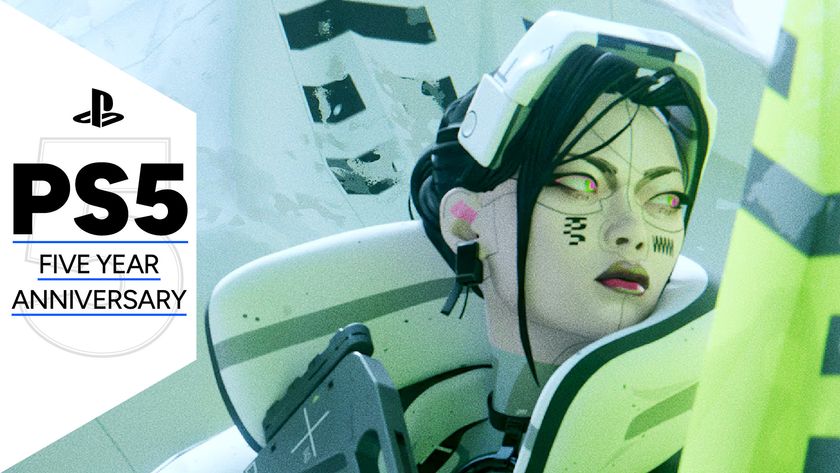 Key art for Marathon showing a colorful cybernetic character with a gun taking cover, with a GamesRadar+ frame that reads &#039;PS5: Five Year Anniversary&#039;