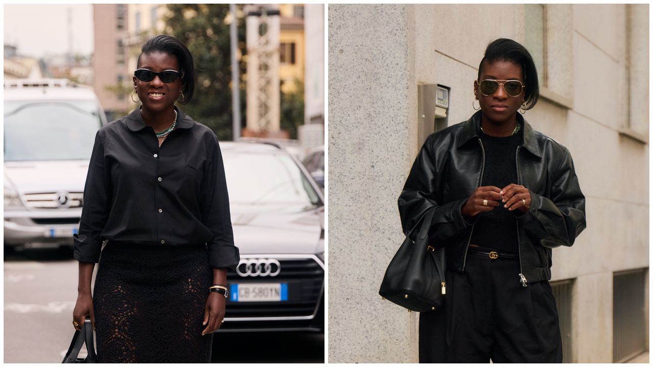 nikki ogunnaike wearing black button-down shirt, nikki oggunaike wearing black leather jacket, t-shirt, and pants 