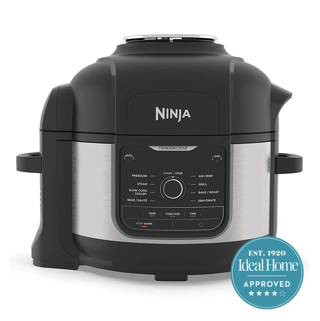 A Ninja multicooker on a white background with a 4 star Ideal Home approved badge