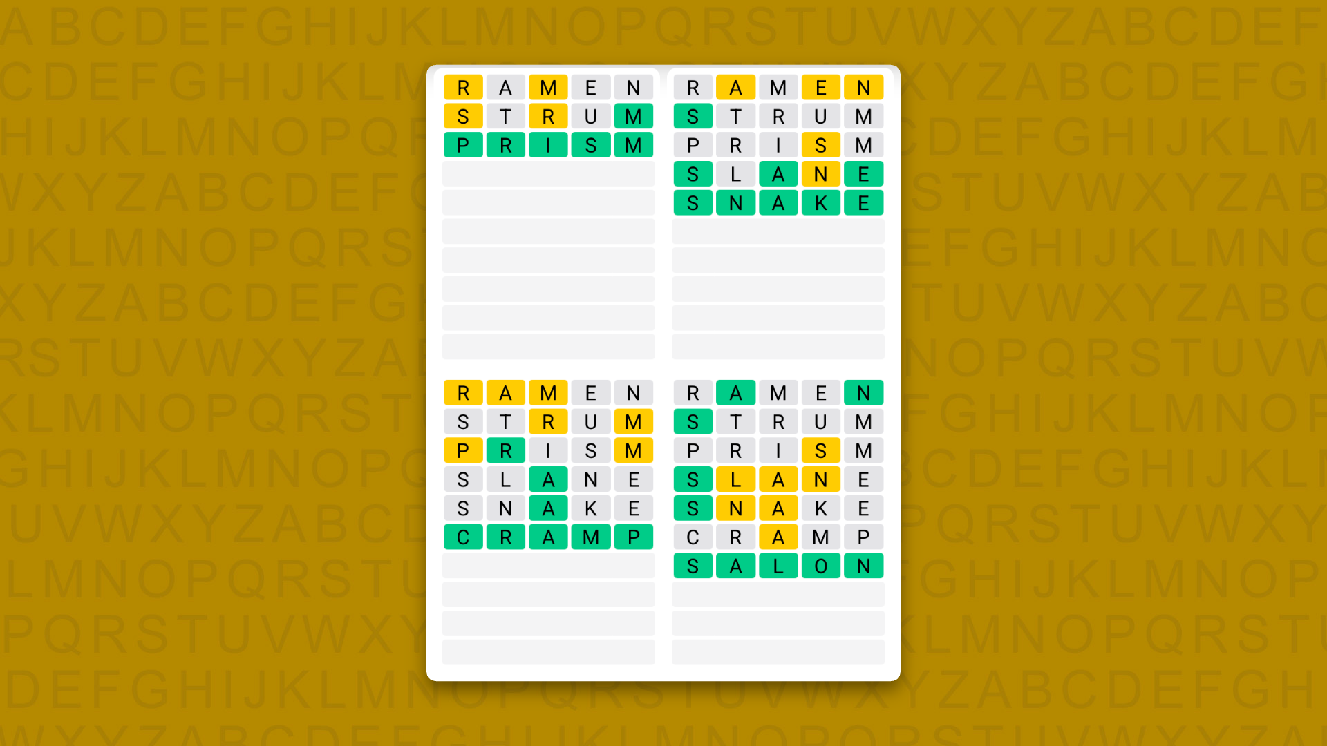 Quordle Daily Sequence answers for game 1659 on a yellow background