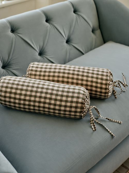 Poppy Linen Bolster Cushion, Olive Gingham