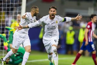 Sergio Ramos celebrates after scoring for Real Madrid against Atletico Madrid in the 2016 Champions League final in Milan.