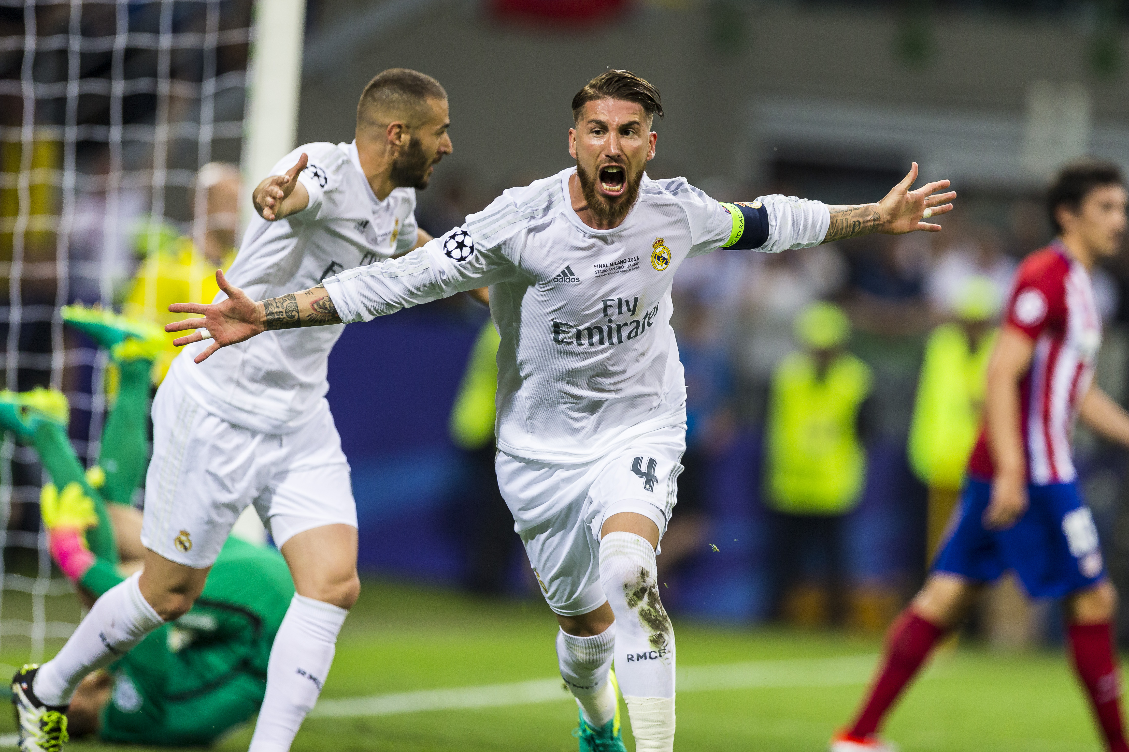 Sergio Ramos celebrates after scoring for Real Madrid against Atletico Madrid in the 2016 Champions League final in Milan.