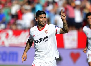 Ever Banega celebrates after scoring for Sevilla against Malaga in September 2017.