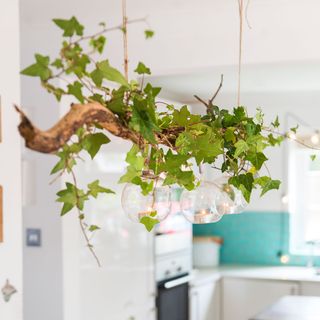 ivy branch with tealights in glass baubles hanging in white kitchen