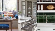 A kitchen banquet with brightly colored cushions / A white kitchen with a curved island with textured barstools / A deep green tiled backsplash in a white kitchen