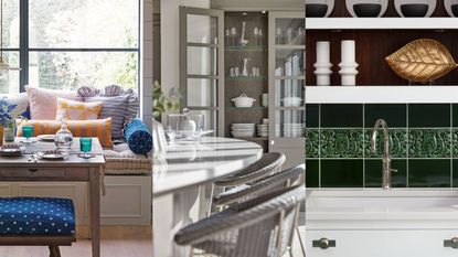 A kitchen banquet with brightly colored cushions / A white kitchen with a curved island with textured barstools / A deep green tiled backsplash in a white kitchen