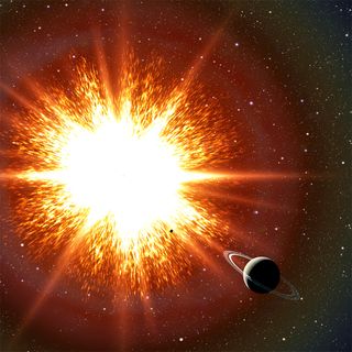New research shows that some old stars known as white dwarfs might be held up by their rapid spins, and when they slow down, they explode as Type Ia supernovas. Thousands of these "time bombs" could be scattered throughout our galaxy. In this artist's conception, a supernova explosion is about to obliterate an orbiting Saturn-like planet.