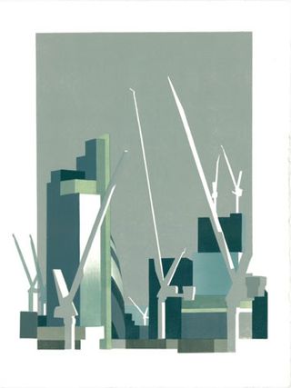 Art work resembling a city and cranes
