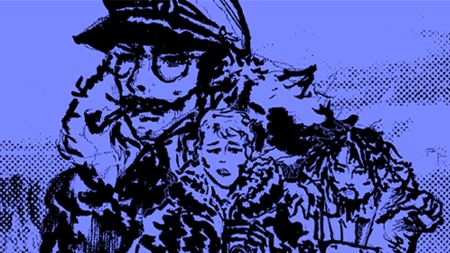 Penguin Colony key art showing three figures in stylized fashion on purple background