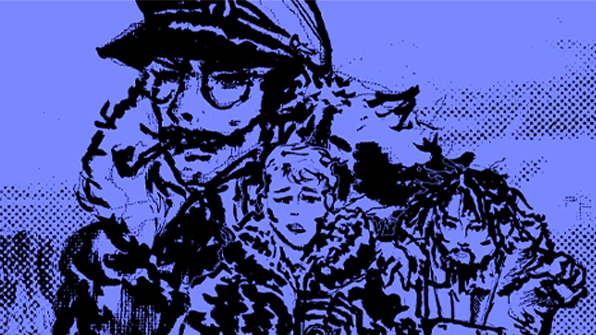 Penguin Colony key art showing three figures in stylized fashion on purple background