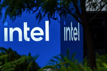 Blue signage with white letters spelling out "Intel" at company headquarters in San Jose, California, US, on Thursday, Sept. 18, 2025.