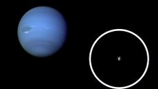 A composite image with a blue sphere planet in the background with a circular zoom in on a blurry white moon.