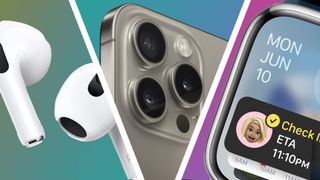 Bild som visar AirPods 3, iPhone 15 Pro och Apple Watch 9 på olika färgade bakgrunder.