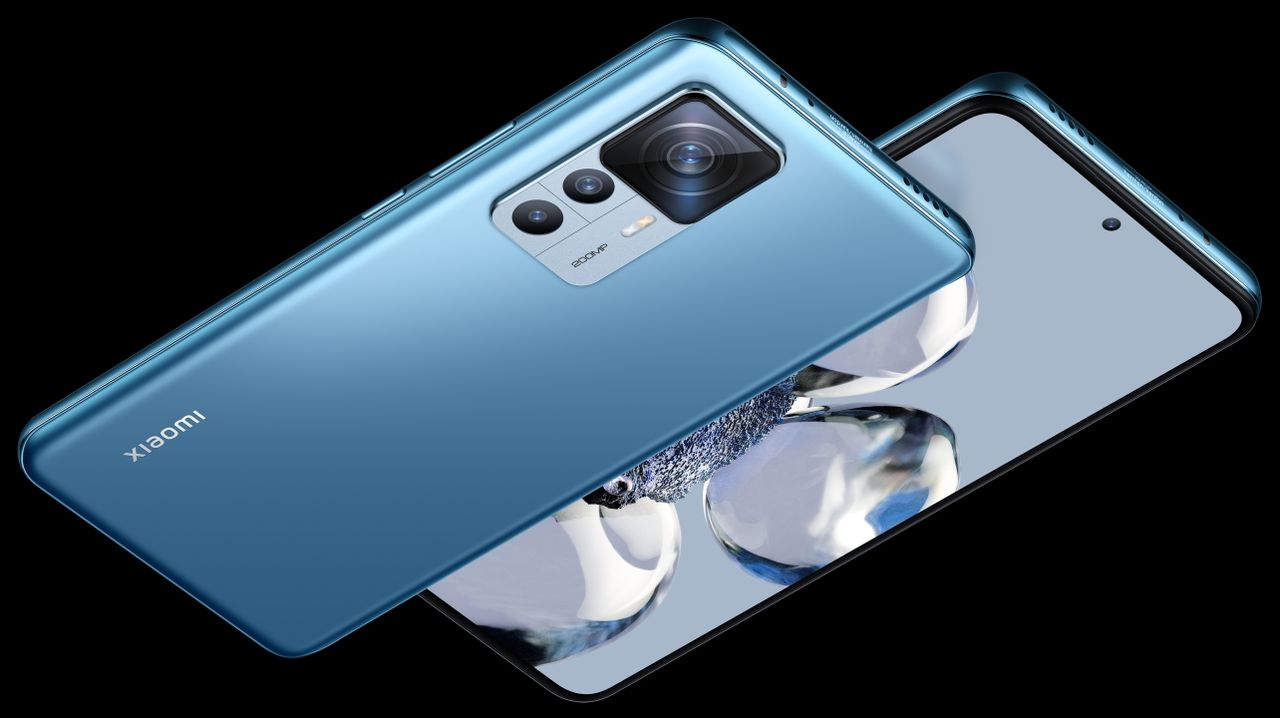 A Xiaomi 12T Pro from the front and back in blue