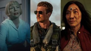 From left to right: Michelle Williams in The Fabelmans, Miles Teller in Top Gun: Maverick and Michelle Yeoh in Everything Everywhere All At Once
