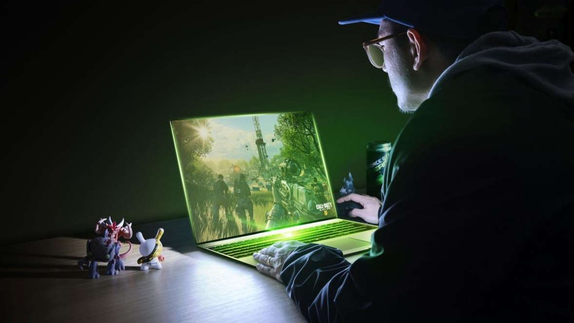 Nvidia gaming laptop with someone playing games on it