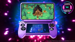 A concept image of a purple clamshell Windows handheld gaming PC running Little Witch in the Woods. A graphic in the top right corner shows a handheld with the Windows Central logo on the screen, surrounded by a USB-C cable and says, "Gaming Handheld Recap."