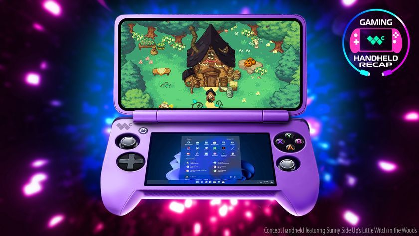 A concept image of a purple clamshell Windows handheld gaming PC running Little Witch in the Woods. A graphic in the top right corner shows a handheld with the Windows Central logo on the screen, surrounded by a USB-C cable and says, "Gaming Handheld Recap."