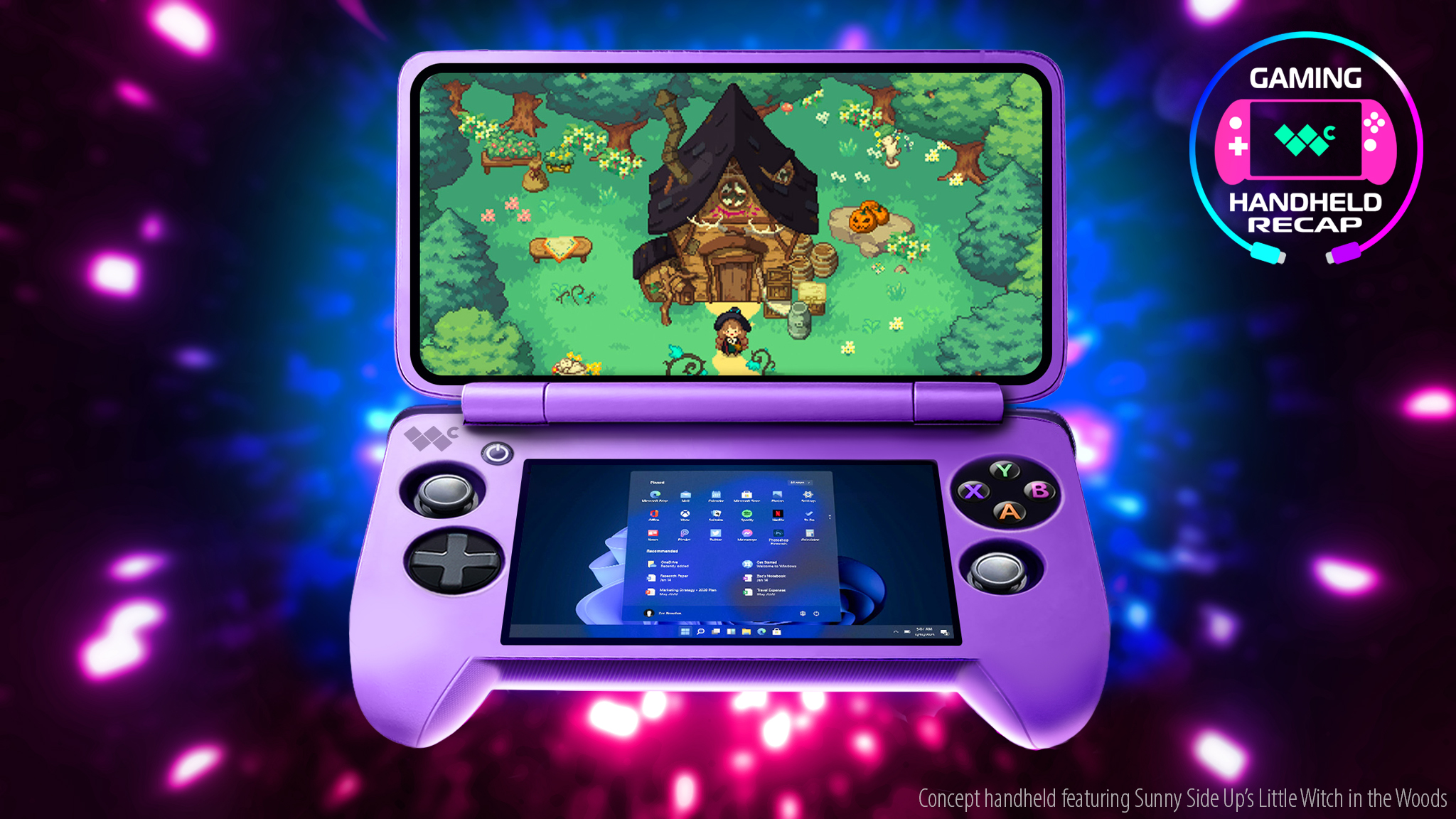 A concept image of a purple clamshell Windows handheld gaming PC running Little Witch in the Woods. A graphic in the top right corner shows a handheld with the Windows Central logo on the screen, surrounded by a USB-C cable and says, "Gaming Handheld Recap."
