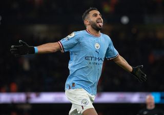 Riyad Mahrez of Manchester City celebrates scoring the fourth goal during the Premier League match between Manchester City and Tottenham Hotspur at Etihad Stadium on January 19, 2023 in Manchester, United Kingdom.