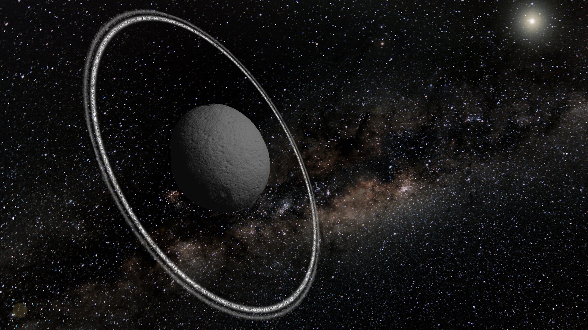 An illustration of a gray sphere with rings surrounding it. 