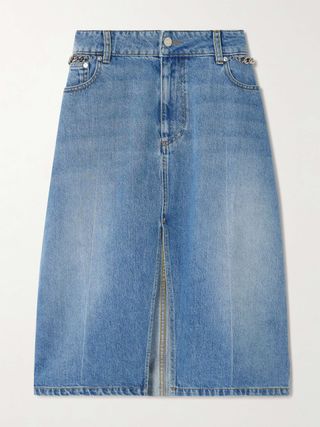 + Net Sustain Chain-Embellished Denim Midi Skirt