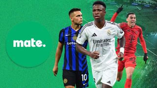 European soccer players on a green background which has a visible soccer pitch.