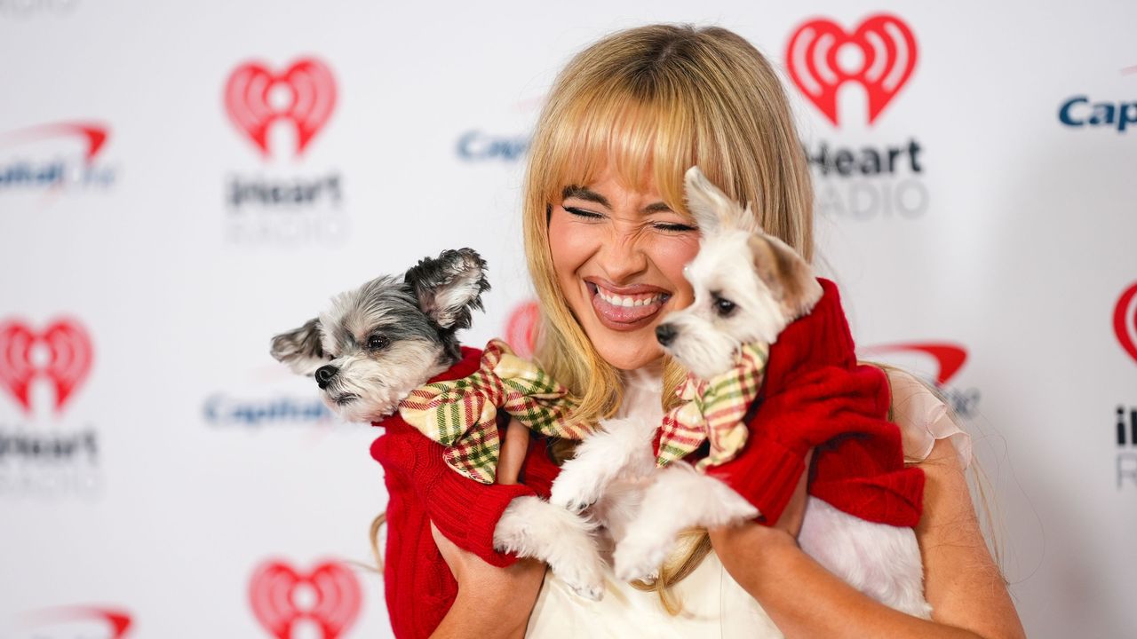 Sabrina Carpenter holding two dogs in jumpers and scarves