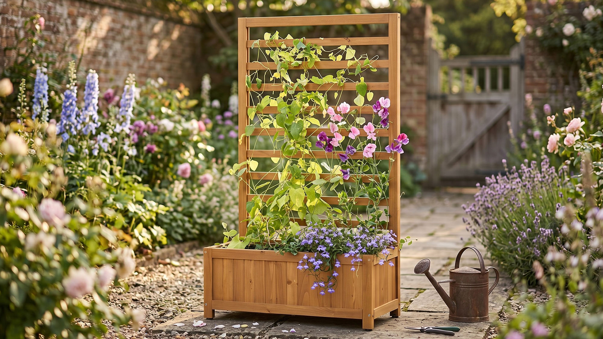 Lidl wooden planter box with trellis in country garden with watering can