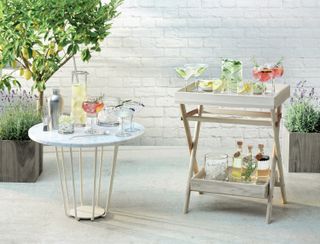 cocktail table and trolley set up in a garden