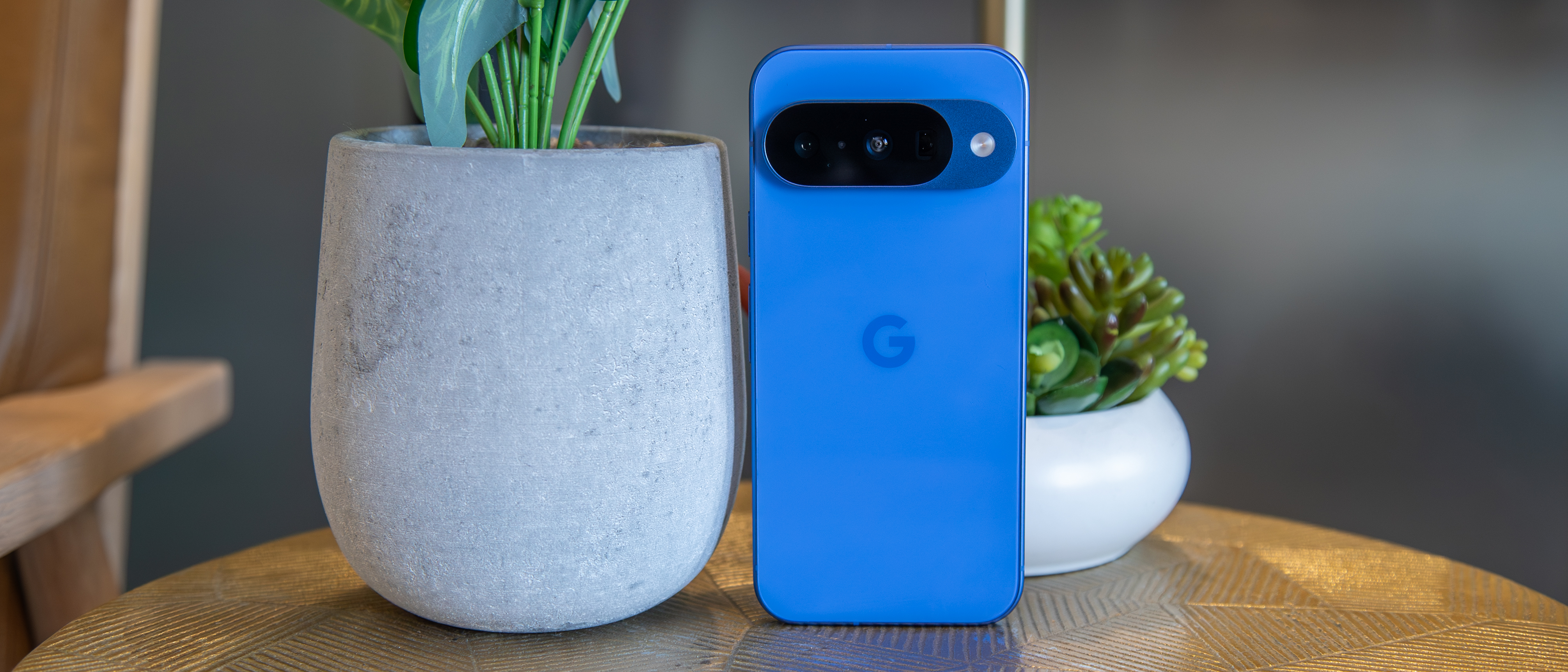 The Pixel 10 next to two faux potted plants
