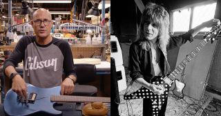 On the left, Jim DeCola of Gibson fixes up a tremolo on a Kramer Pacer. On the right, Randy Rhoads tunes up his polka-dotted Sandoval V