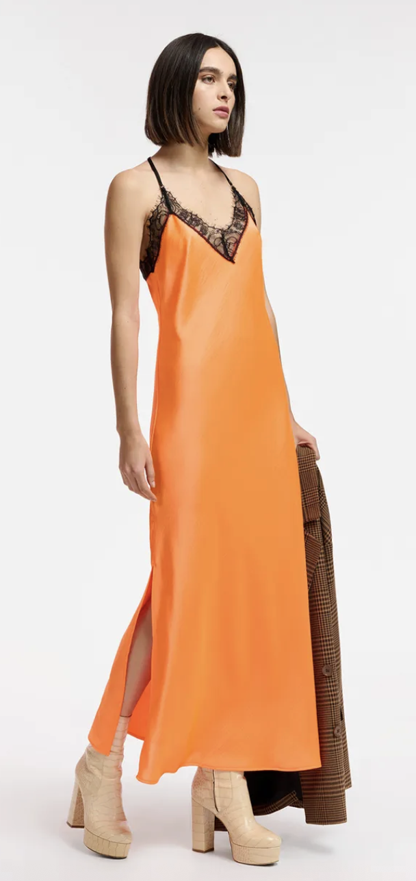 Essentiel, Orange Lace-Trimmed Maxi-Length Slip Dress