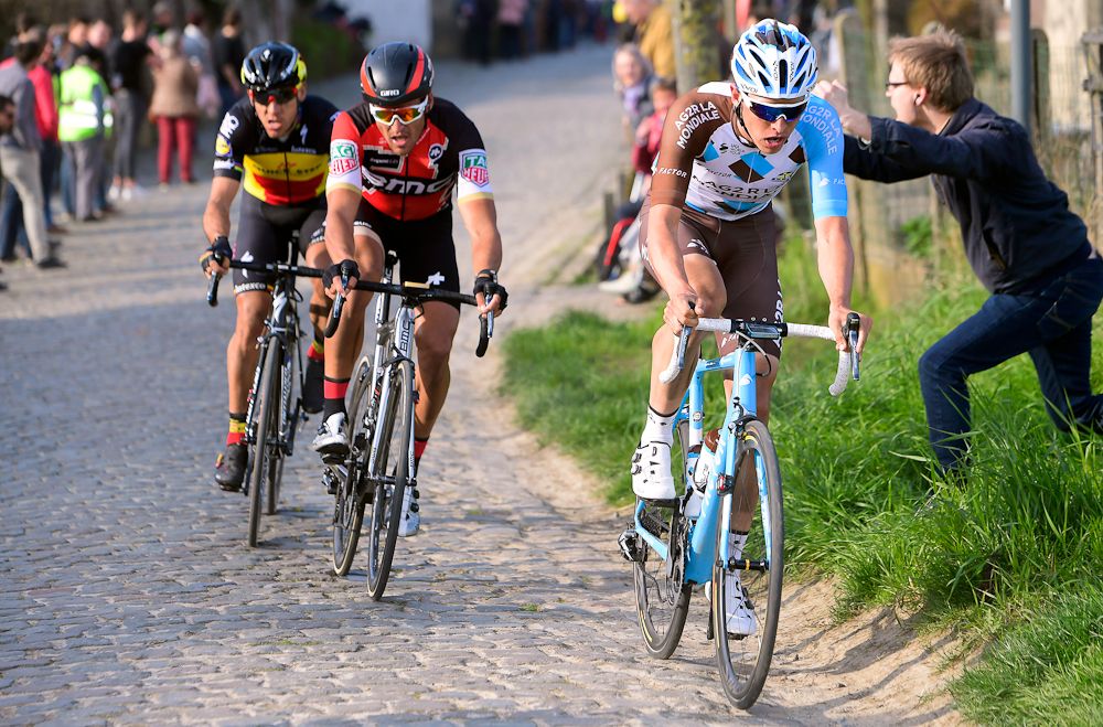 Oliver Naesen, Greg Van Avermaet and Philippe Gilbert in the late breakaway at the 2017 E3 Harelbeke