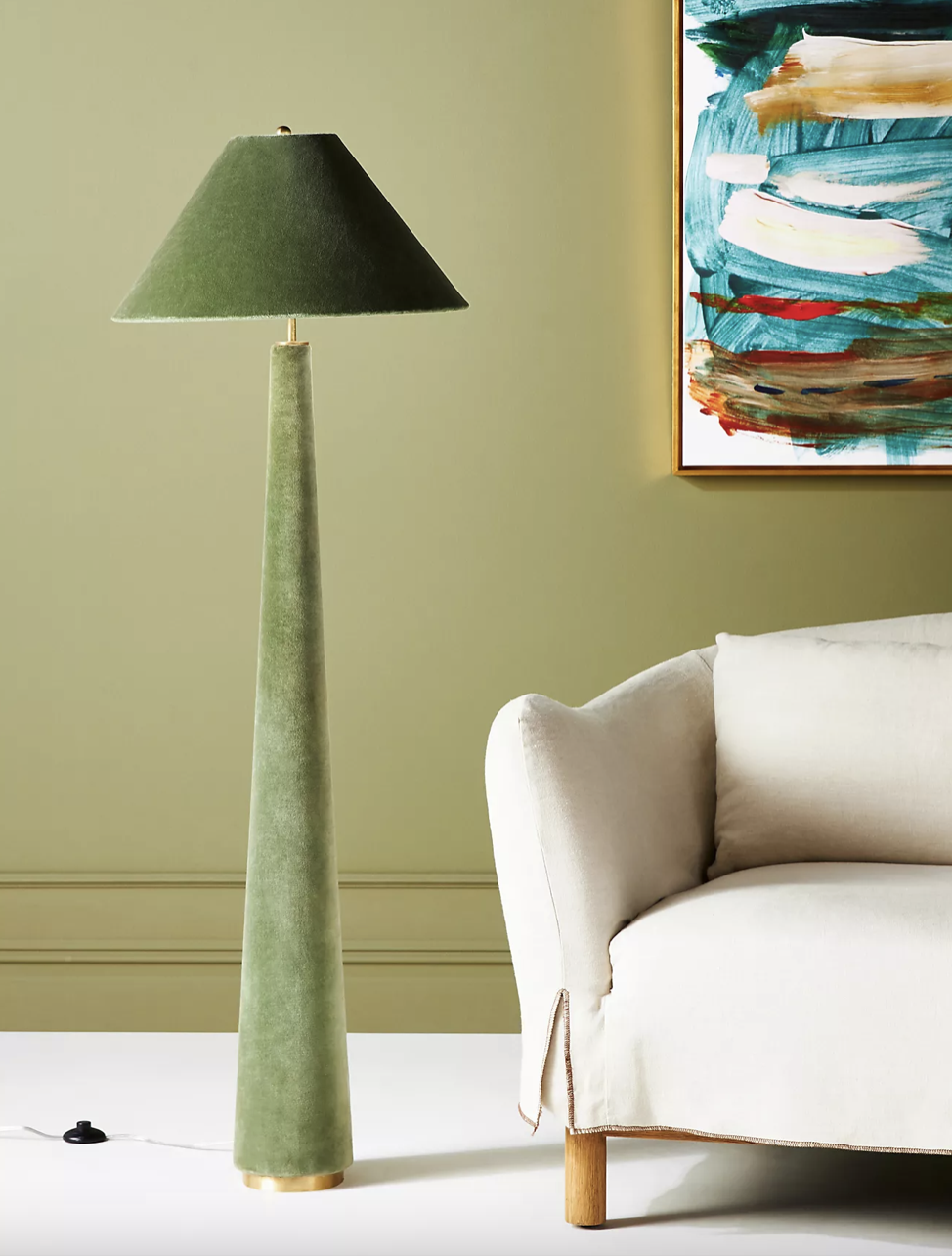 Moss green velvet floor lamp.