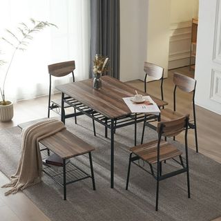 Ktaxon 6-Piece Dining Room Set Modern Kitchen Table Set With 4 Chairs and 1 Bench, Dining Table for 6 With Metal Frame Natural Color