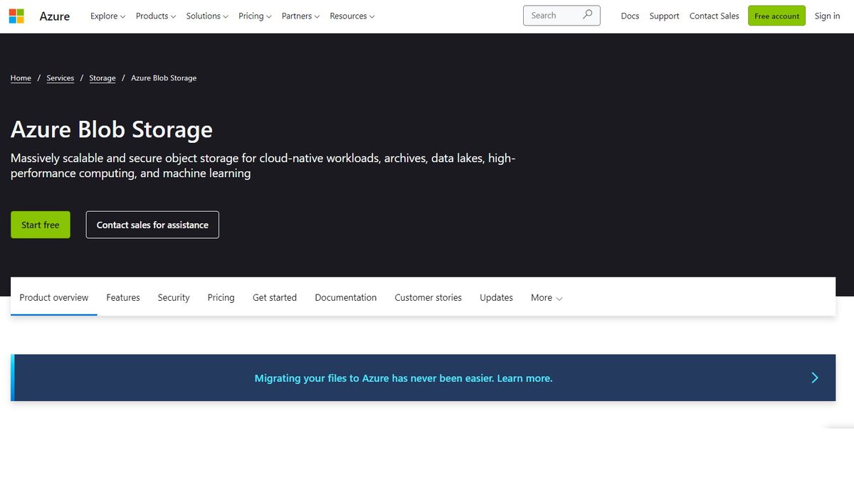 Azure Blob Storage website screenshot