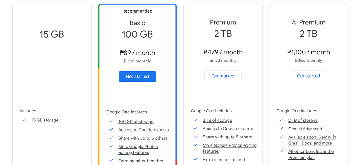 Different tiers in Google One