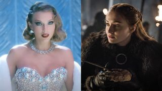 From left to right: a screenshot of Taylor Swift in the "Bejeweled" music video and Sophie Turner in Season 8 of Game of Thrones.