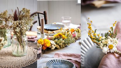 Three vases filled with natural-coloured dried flowers 