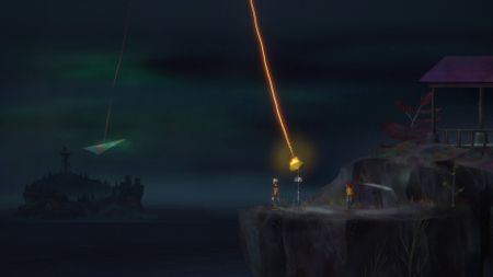 Oxenfree 2Oxenfree 2 Lost Signals Riley and Jacob standing by transmitter firing orange beam into sky