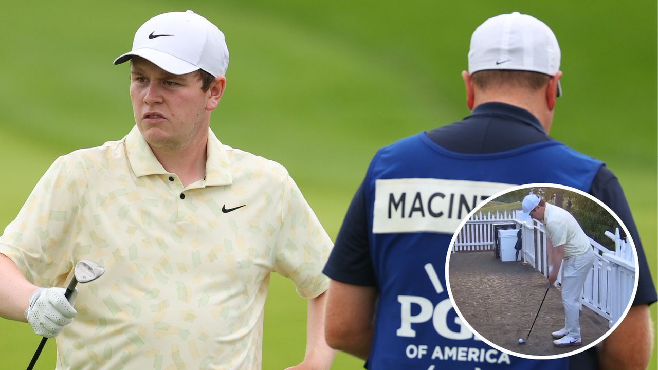 Robert MacIntyre chats to his caddie at the PGA Championship