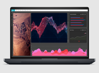 Front view of a Dell Pro Max Plus laptop displaying advanced data visualizations, including graphs, charts, and a satellite image.