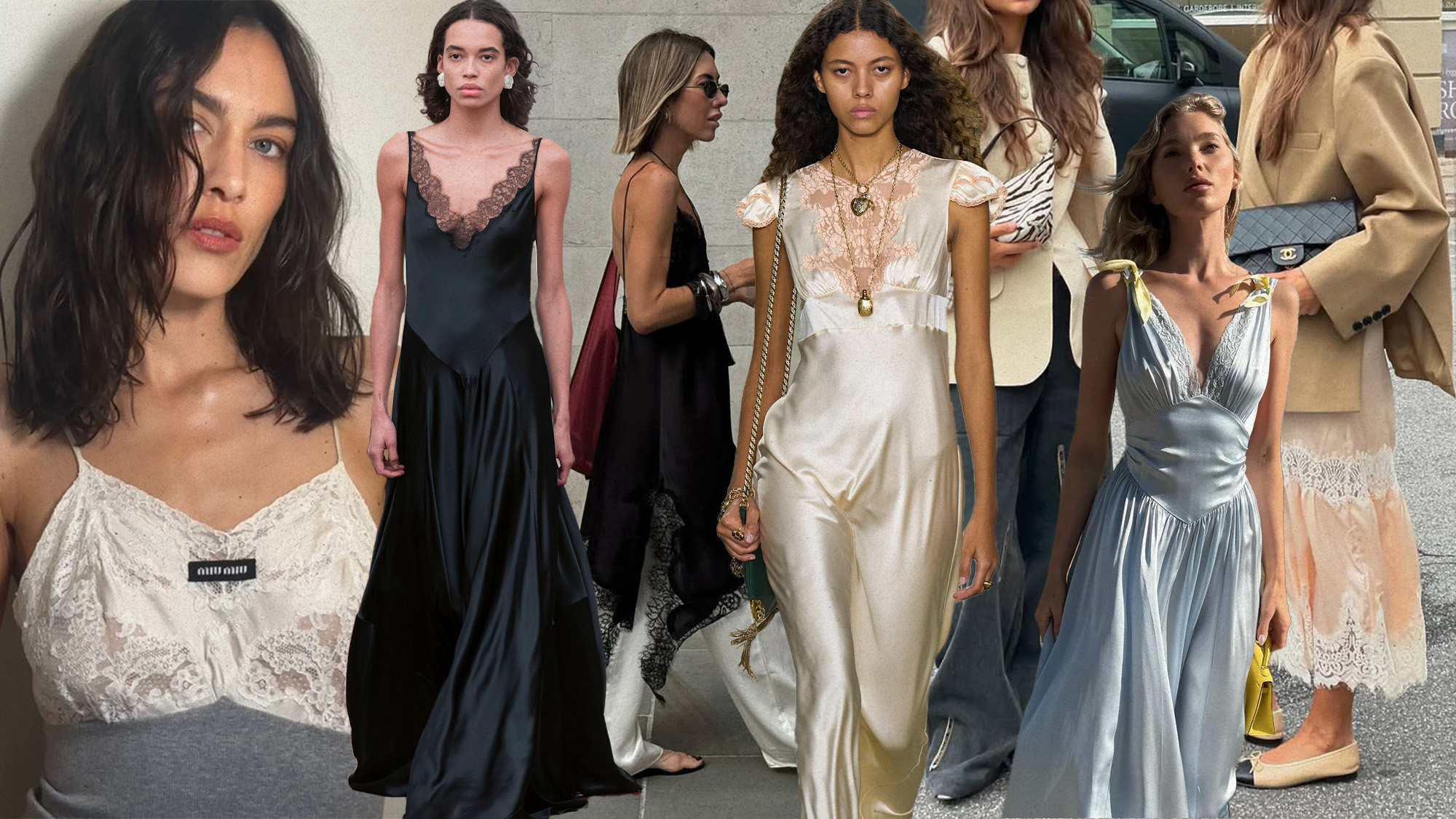 a collage of runway and influencer imagery featuring fall's lace-trim dress trend
