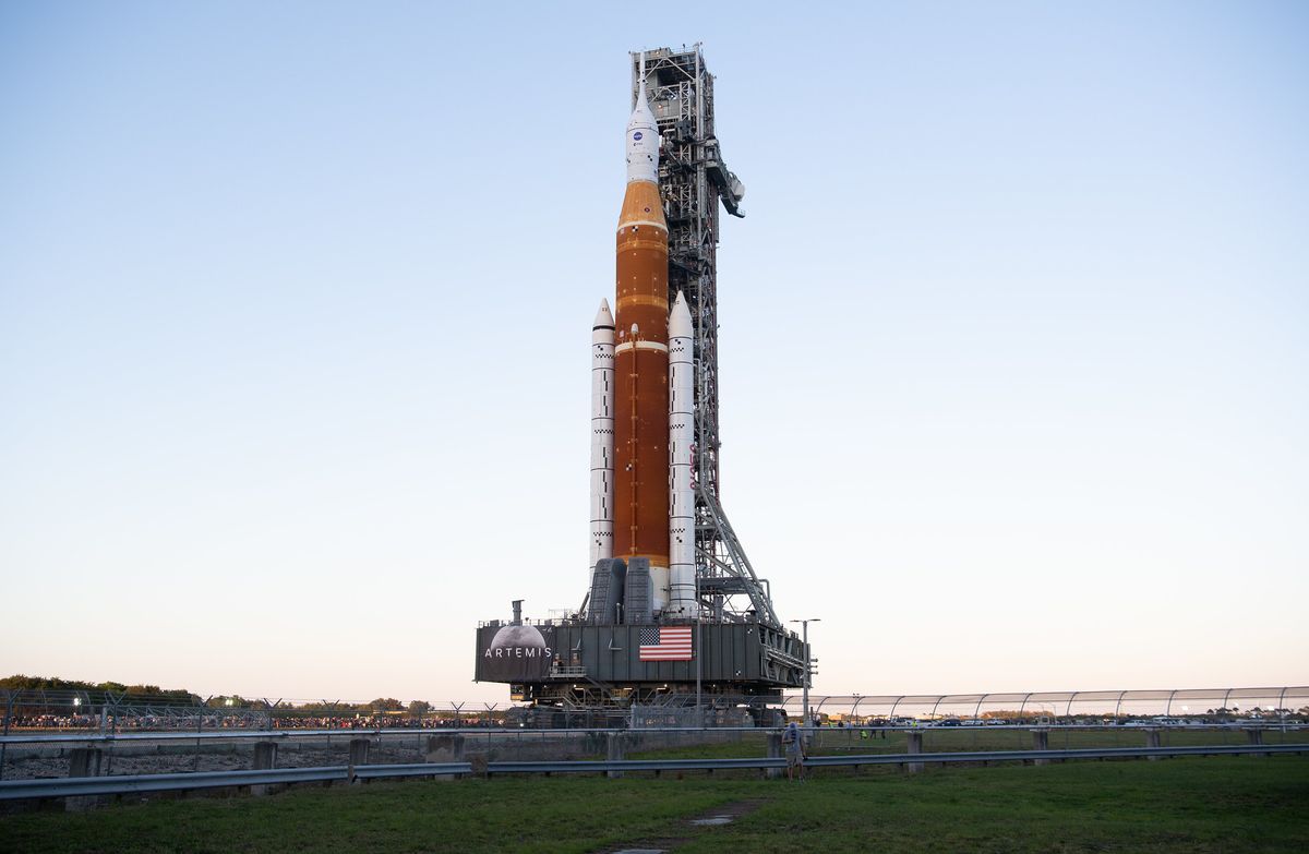 NASA&#039;s Space Launch System rocket and Orion capsule on the move toward Launch Pad 39B at Kennedy Space Center in Florida on March 17, 2022.